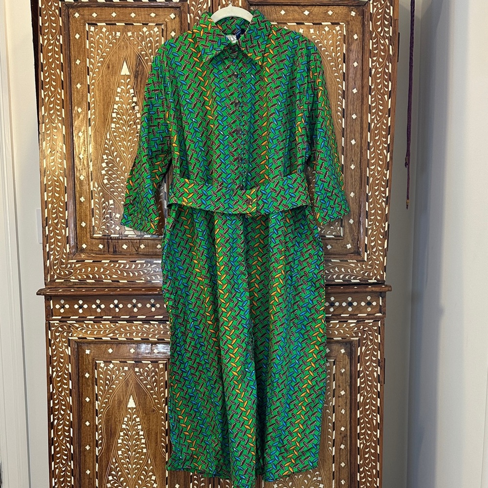 African Print Green Cocobean Patterned Women's Dress Midi Shirtdress